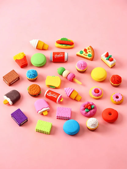 5/10/30pcs Random Style Cute Food Pattern Eraser Set- Mini Fruit, Vegetable, Dessert Pattern Erasers, For Classroom Rewards And Party Favors, Collectible Desk Decor- Various Fun Food-Shaped Statione