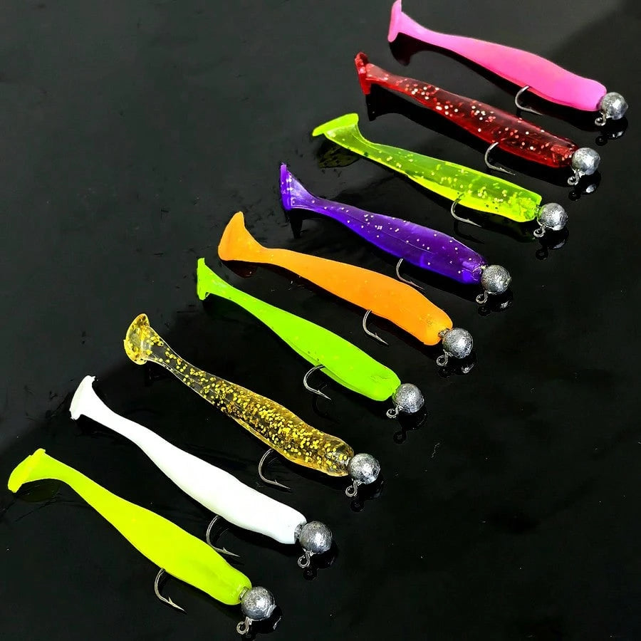 55pcs Fishing Lure Set, Including Lead Head Hook, Soft Bait T Tail Soft Worm Hooks, Suitable For Bass, Walleye, Fishing Tackle