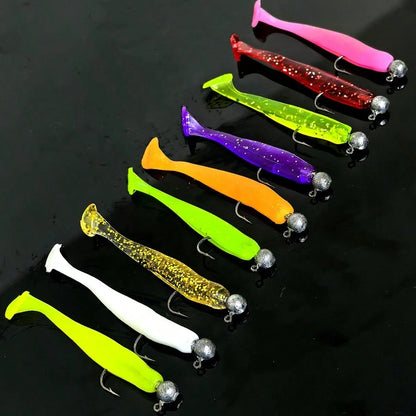 55pcs Fishing Lure Set, Including Lead Head Hook, Soft Bait T Tail Soft Worm Hooks, Suitable For Bass, Walleye, Fishing Tackle