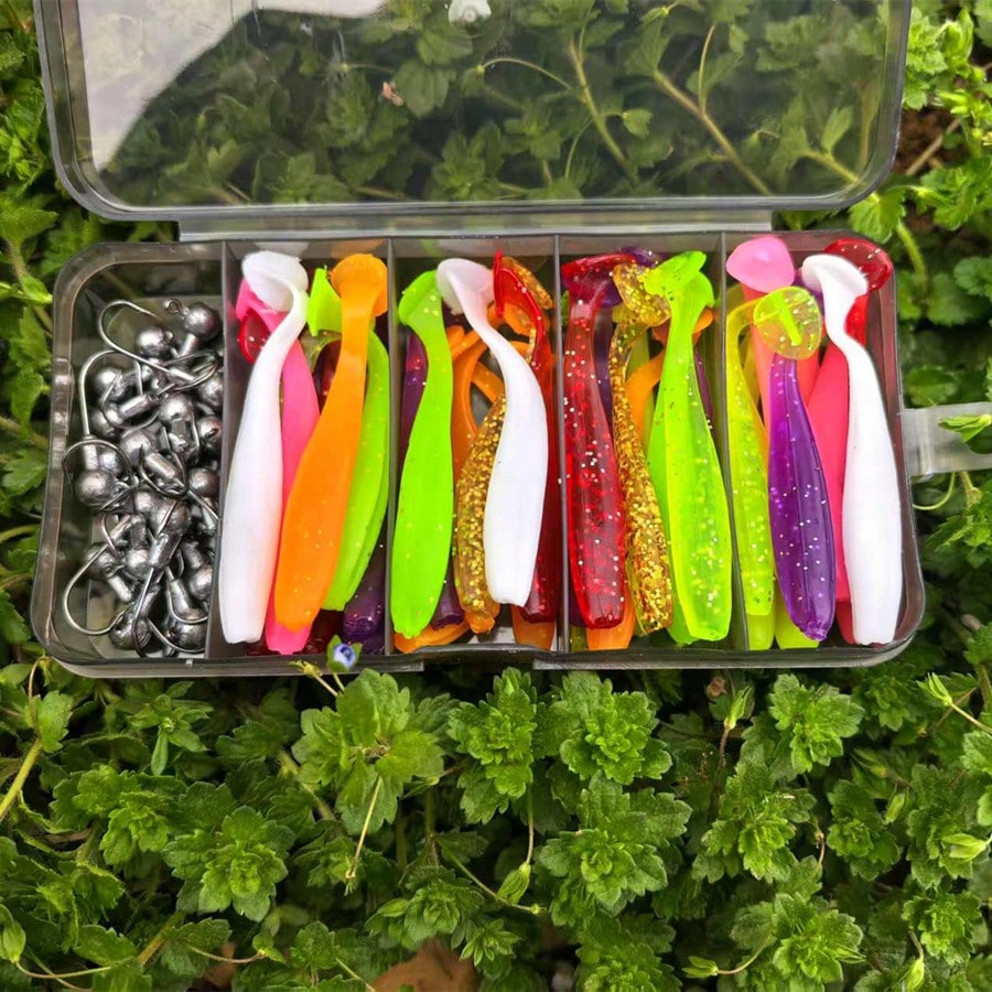 55pcs Fishing Lure Set, Including Lead Head Hook, Soft Bait T Tail Soft Worm Hooks, Suitable For Bass, Walleye, Fishing Tackle
