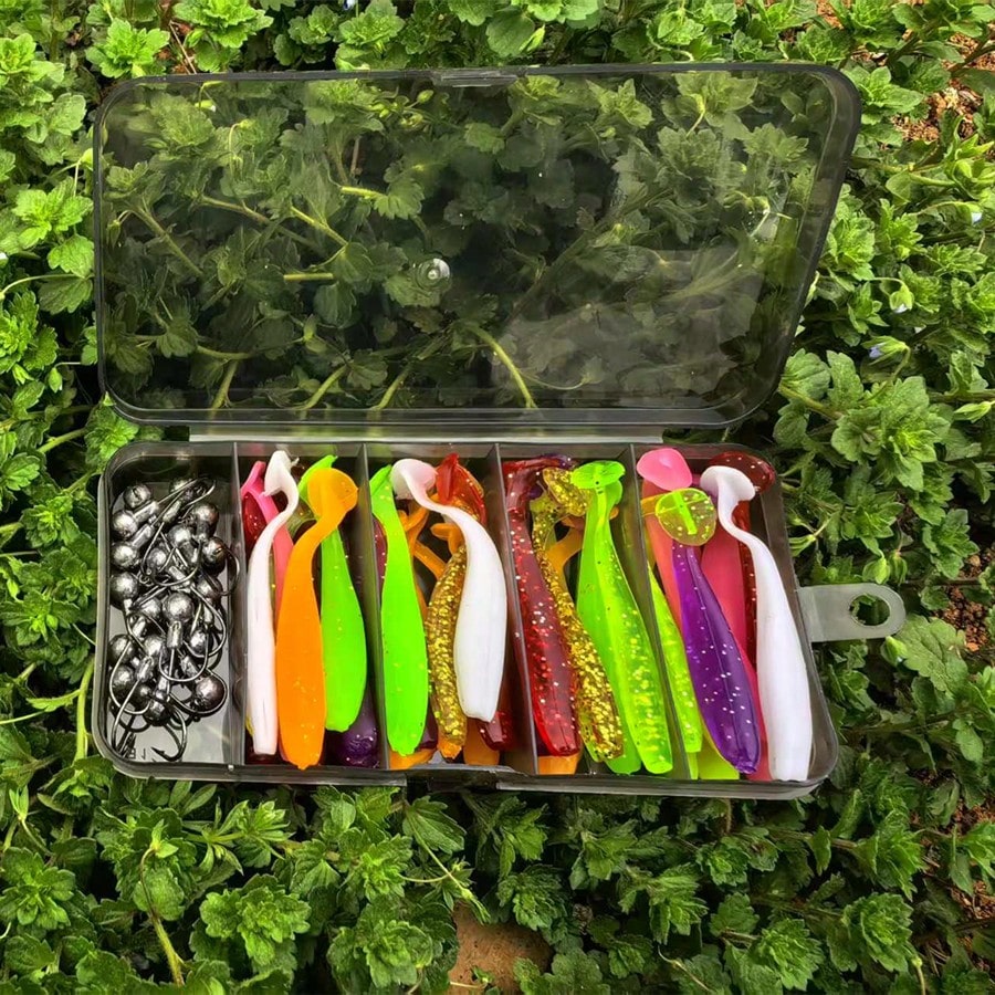 55pcs Fishing Lure Set, Including Lead Head Hook, Soft Bait T Tail Soft Worm Hooks, Suitable For Bass, Walleye, Fishing Tackle