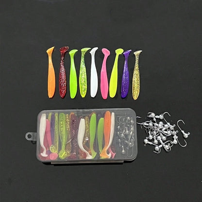 55pcs Fishing Lure Set, Including Lead Head Hook, Soft Bait T Tail Soft Worm Hooks, Suitable For Bass, Walleye, Fishing Tackle
