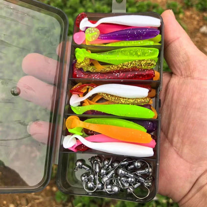 55pcs Fishing Lure Set, Including Lead Head Hook, Soft Bait T Tail Soft Worm Hooks, Suitable For Bass, Walleye, Fishing Tackle