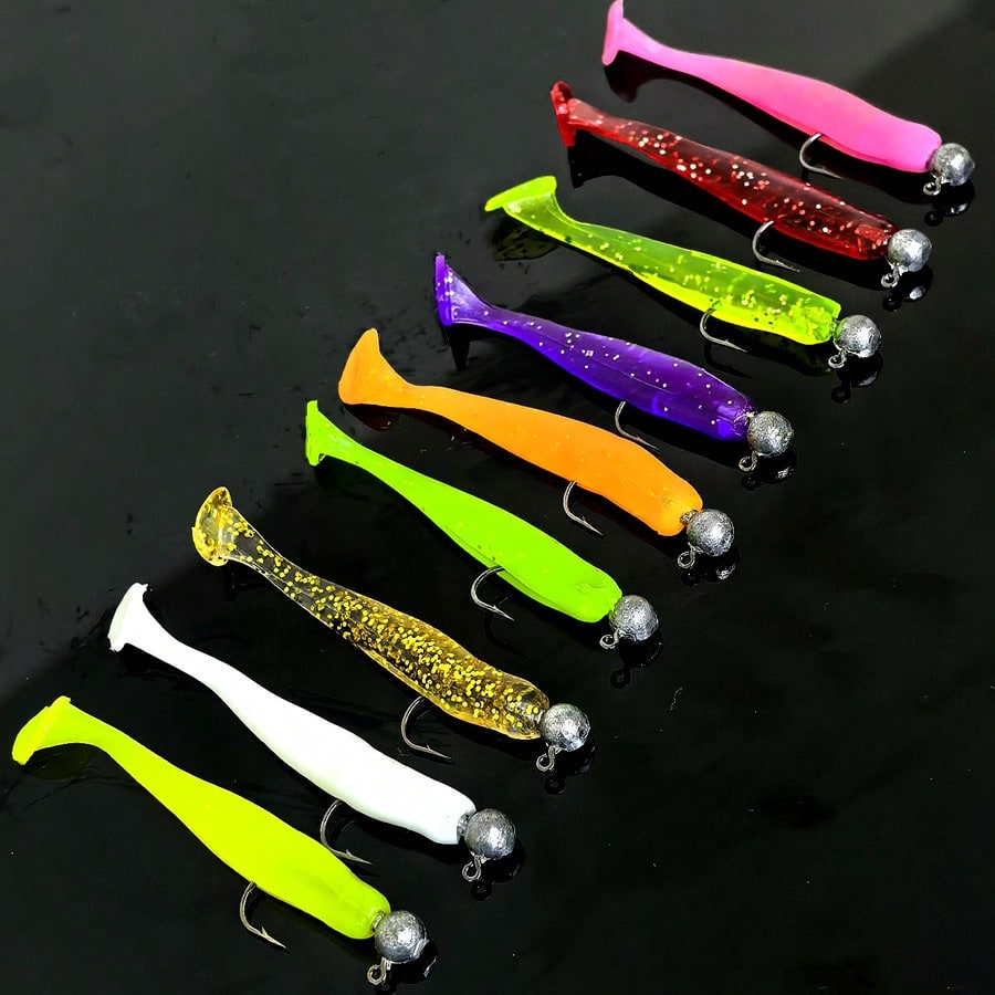 55pcs Fishing Lure Set, Including Lead Head Hook, Soft Bait T Tail Soft Worm Hooks, Suitable For Bass, Walleye, Fishing Tackle