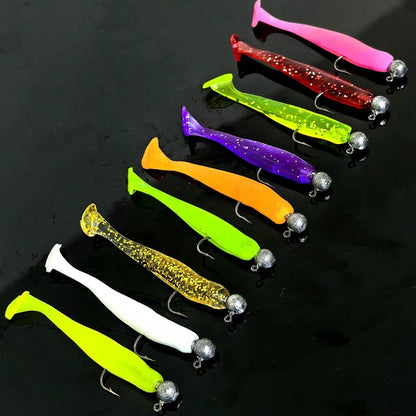 55pcs Fishing Lure Set, Including Lead Head Hook, Soft Bait T Tail Soft Worm Hooks, Suitable For Bass, Walleye, Fishing Tackle