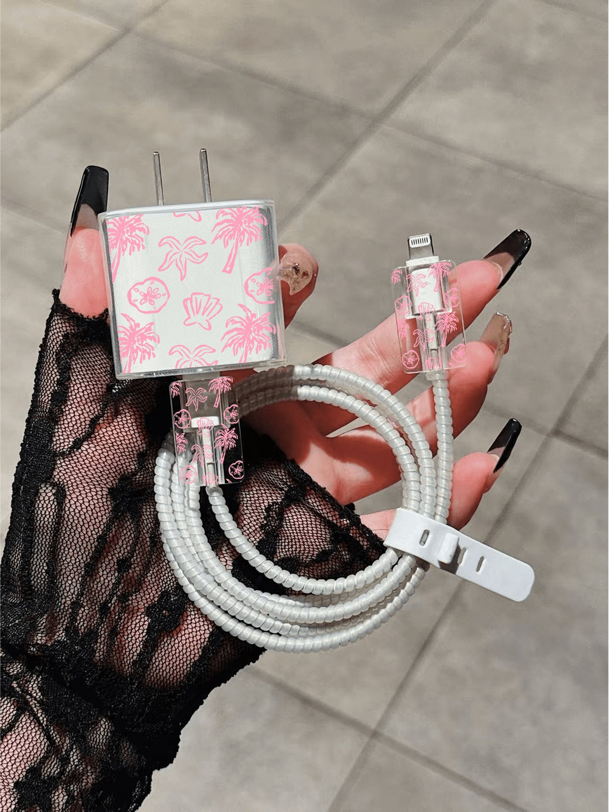 5pcs Charger Protective Case Set, Summer Beach Coconut Tree Pattern, Includes Data Cable Storage Accessories, 20W/18W Charging Adapter And Adapter Head Cover, Compatible With Apple 11/12/13/14/15/16/1