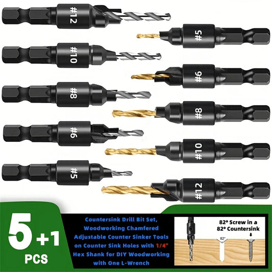 5pcs Countersink Drill Bits Set With 1/4" Hex Shank, Suitable For DIY Woodworking, Includes 1 L-Wrench, Sizes: #5 #6 #8 #10 #12