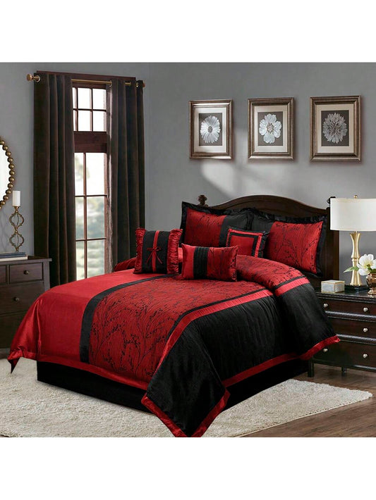 7 Piece Jacquard Patchwork Comforter Set, Floral Pattern- Breathable Bedding Set Queen/King