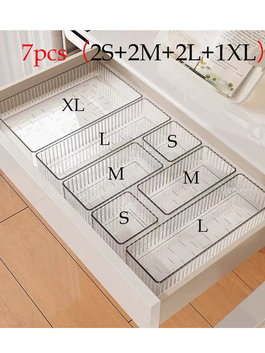 7pcs Set Wavy Transparent Cosmetic Storage Boxes, Stackable Desktop Drawer Organizer, Bedroom Holiday Room Home Decor Storage Boxes, Suitable For Storing And Organizing Cosmetics, Stationery, Tablewar