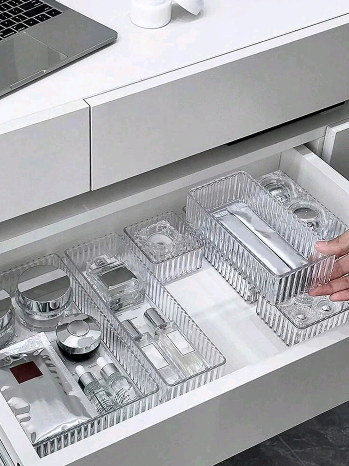 7pcs Set Wavy Transparent Cosmetic Storage Boxes, Stackable Desktop Drawer Organizer, Bedroom Holiday Room Home Decor Storage Boxes, Suitable For Storing And Organizing Cosmetics, Stationery, Tablewar