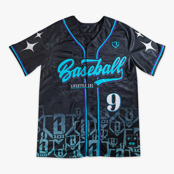 Black baseball jersey with blue and purple accents and blue 'Baseball Lifestyle 101' text on a white background