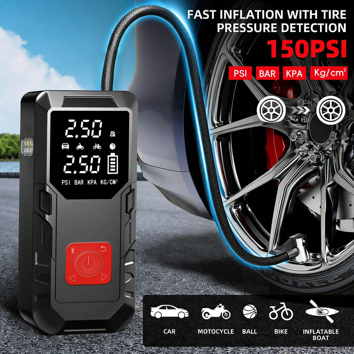 A 150PSI Car Jump Starter, Featuring Intelligent Digital Display Inflation, USB Charging, LED Lighting, Compatibility With 10L Gasoline/9.0L Engines, Multiple Safety Protections, And A Complimentary E