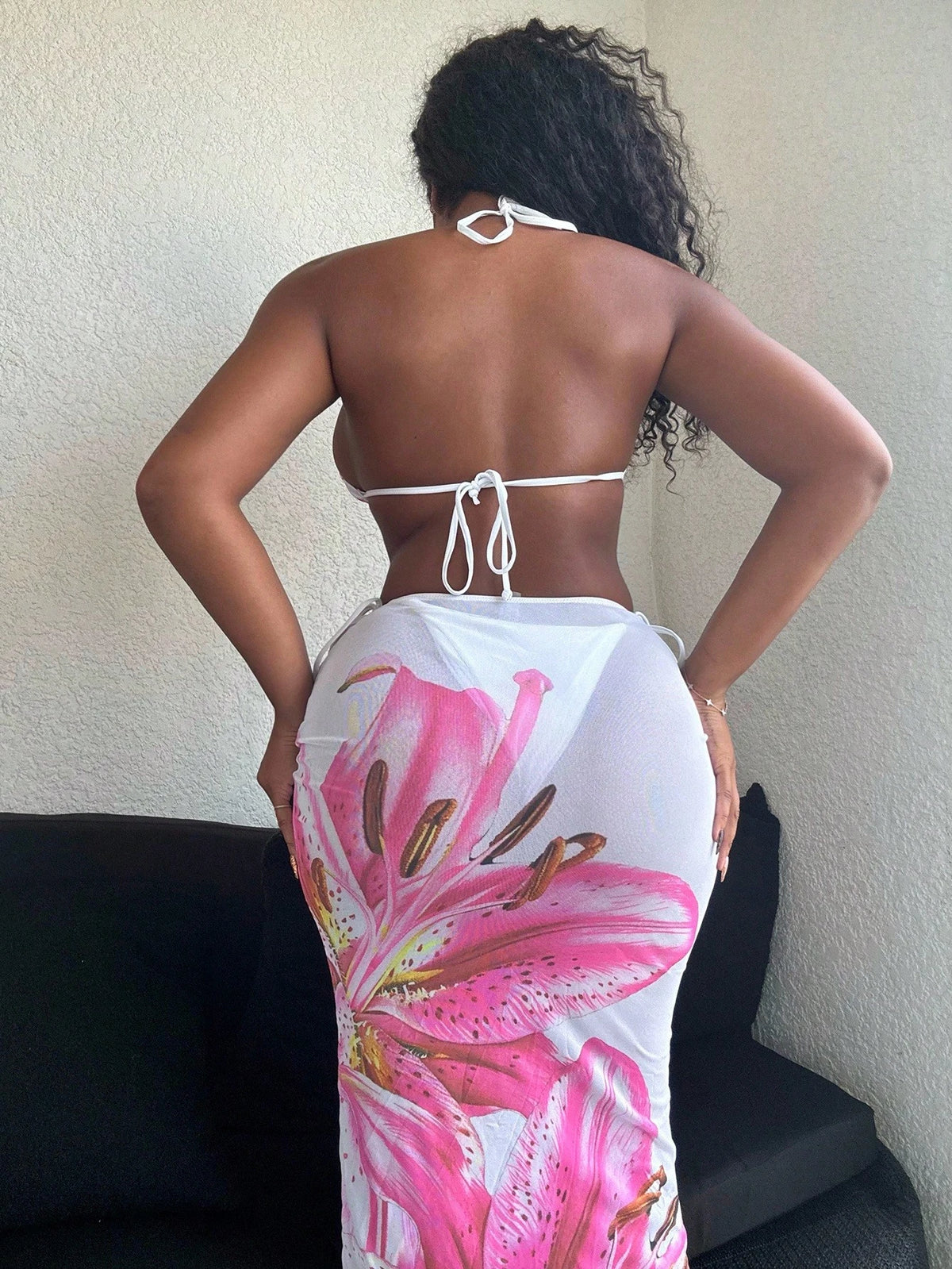 Alexandranx 2025 Casual Holiday Spaghetti Strap Triangle Bikini Top, Side Tie Bottom And Long Mesh Coverup Summer Swimwear 3-Piece Set For Women