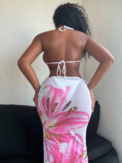 Alexandranx 2025 Casual Holiday Spaghetti Strap Triangle Bikini Top, Side Tie Bottom And Long Mesh Coverup Summer Swimwear 3-Piece Set For Women