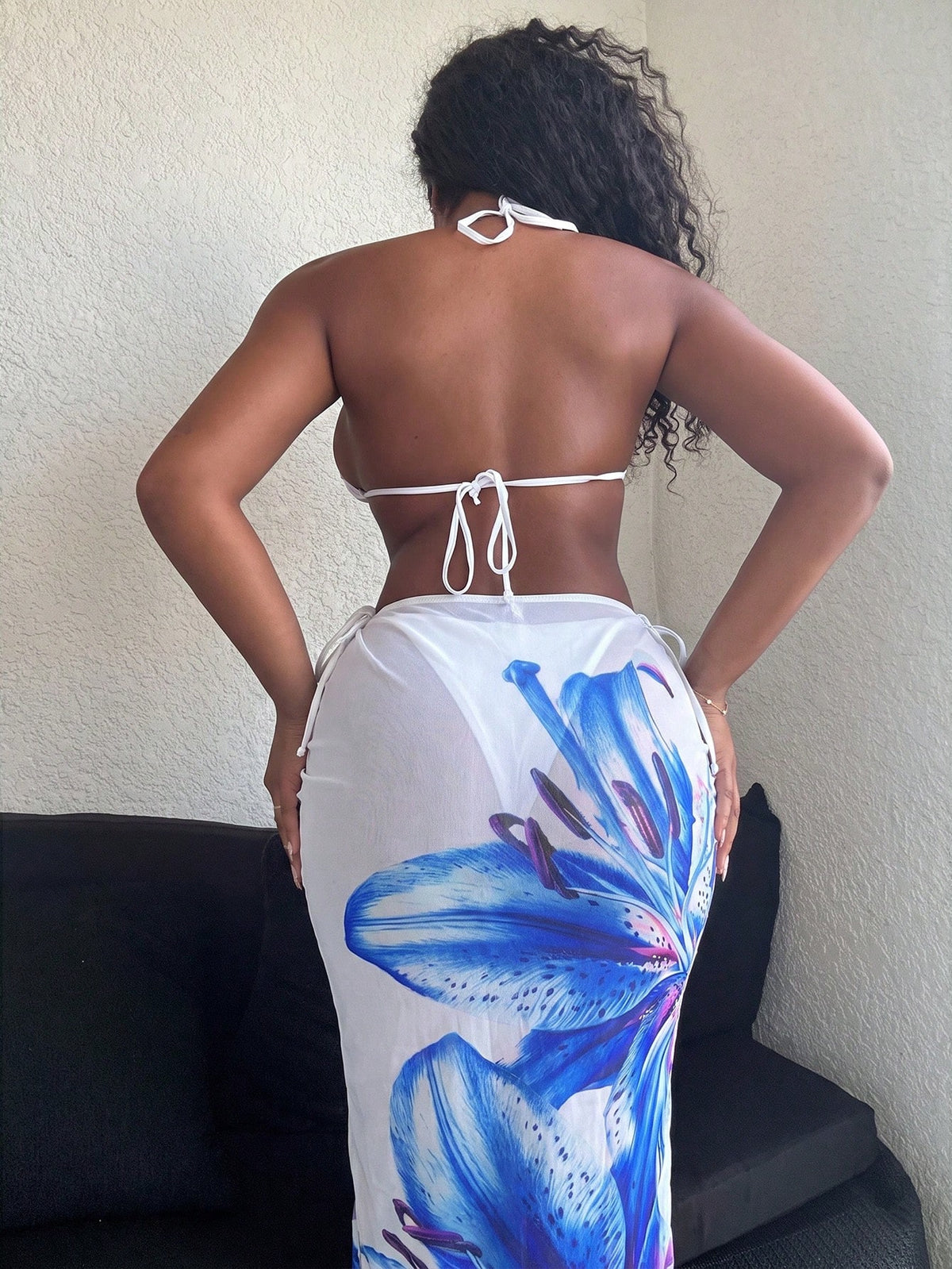 Alexandranx 2025 Casual Holiday Spaghetti Strap Triangle Bikini Top, Side Tie Bottom And Long Mesh Coverup Summer Swimwear 3-Piece Set For Women