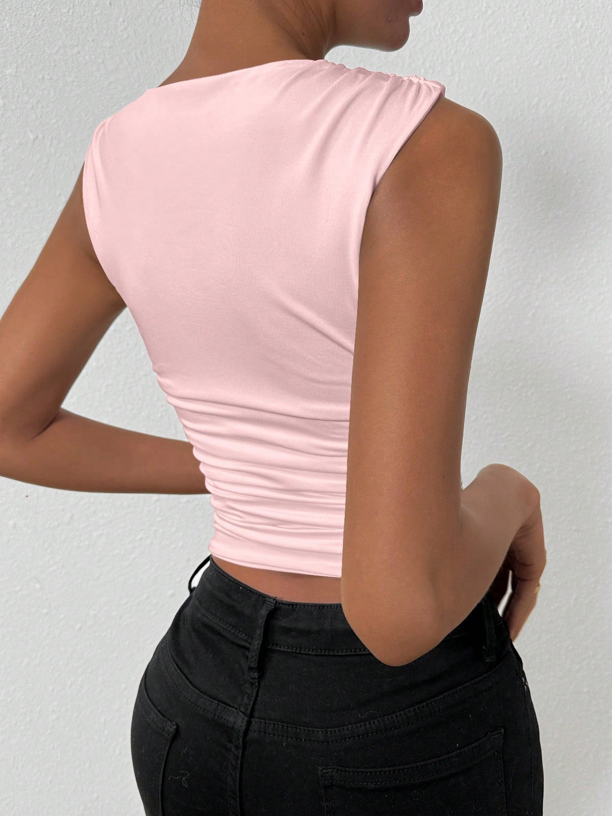 Allurite Solid Color Pleated Slim Fit Tank Top For Summer