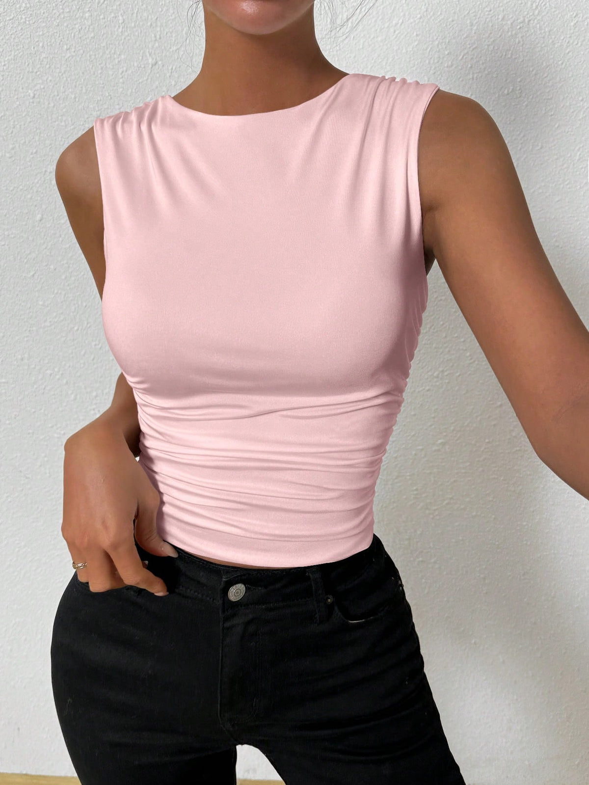 Allurite Solid Color Pleated Slim Fit Tank Top For Summer