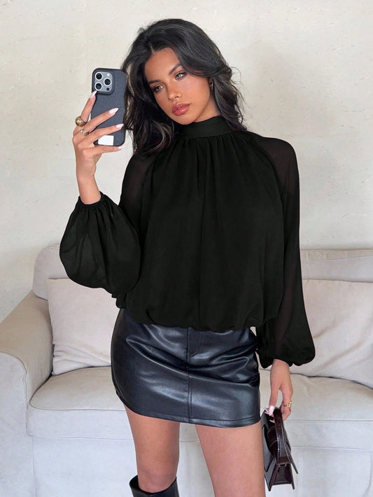 Aloruh Women's Elegant Sexy Black Chiffon Blouse, Autumn Stand Collar Lantern Sleeve Loose Top For Night Out Office Date Night, Solid Color Party Shirt