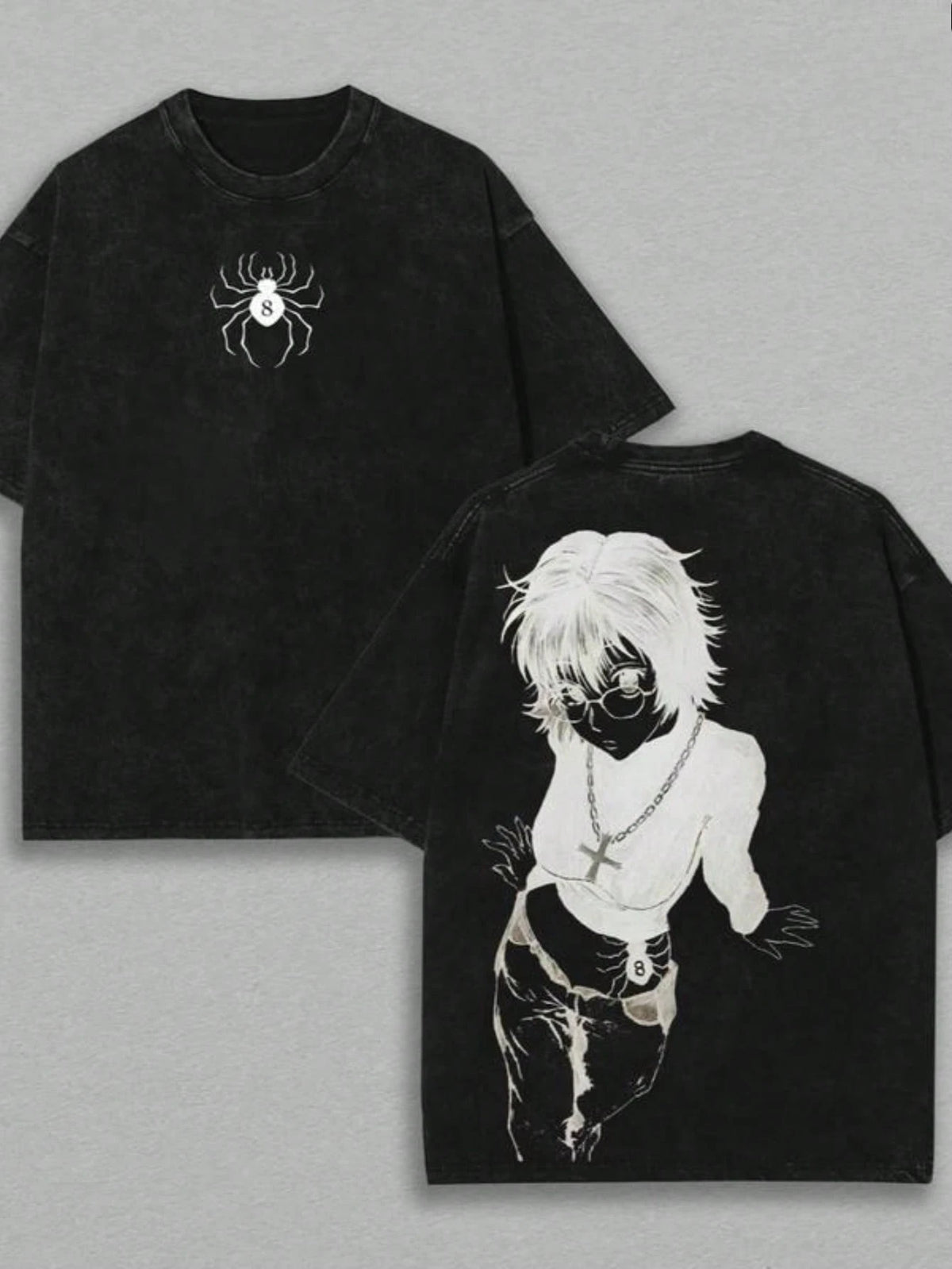 Anime Shizuku, Phantom Troupe Double-Print Retro Washed T-Shirt, Unisex Loose-Fitting Heavyweight Cotton T-Shirt