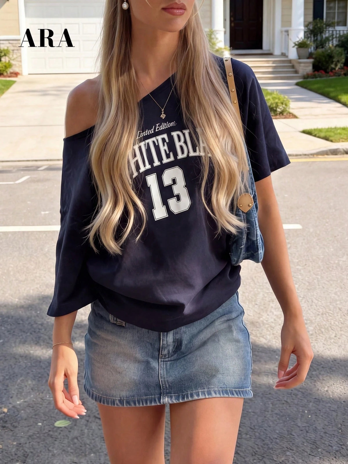 ARA CHIC Women's Summer Off-Shoulder Zebra Print Digital Letter T-Shirt, Asymmetric Off-Shoulder Short Sleeve Casual Top, Y2K Street Style