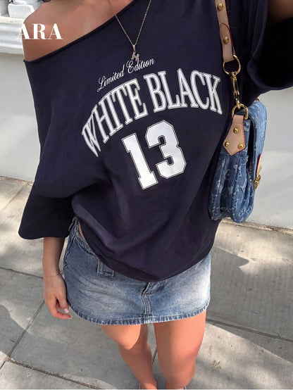 ARA CHIC Women's Summer Off-Shoulder Zebra Print Digital Letter T-Shirt, Asymmetric Off-Shoulder Short Sleeve Casual Top, Y2K Street Style