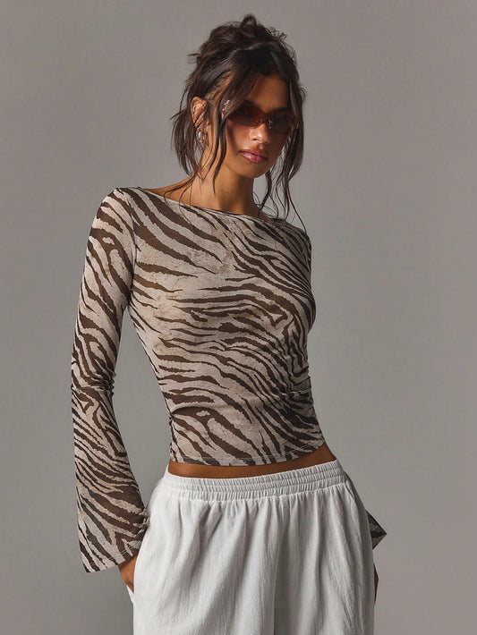 Athîral Women's Casual Sexy Zebra Print Mesh Flared Sleeve Fitted Top,Summer, Holiday Night Out,Date,Going Out Tops,Y2K,Autumn,Halloween