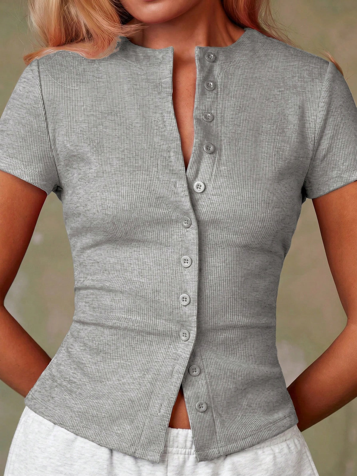 Athîral Women's Casual Solid Color Front Button Short Sleeve Blouse,Summer Top, Home Top Grey