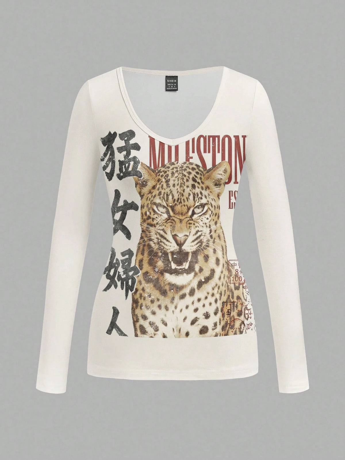 Attitoon Plus Size Women's V-Neck Fitted Long Sleeve T-Shirt, Casual Minimalist Everyday Versatile Party Gathering Vintage Punk Airport Y2K Top, Leopard Chinese Character Distressed Print Pattern, Out