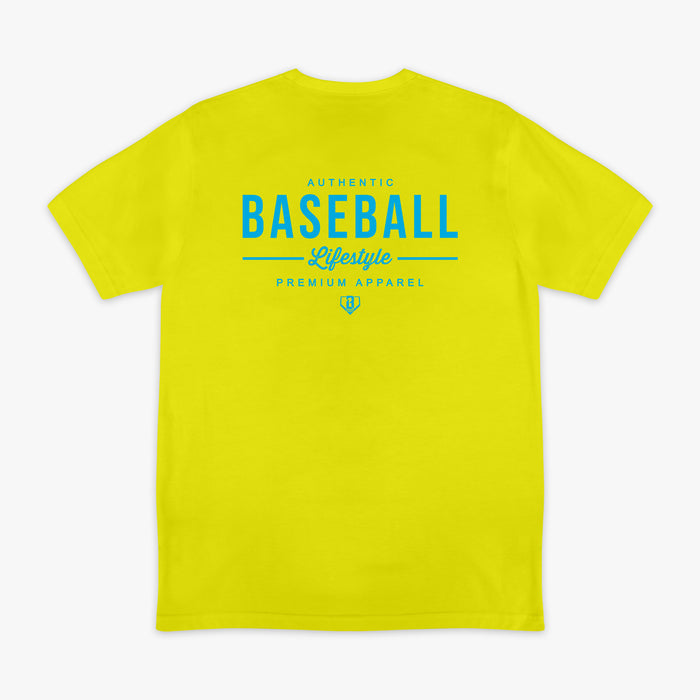 Yellow t-shirt with blue and green text on a white background