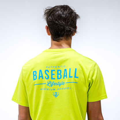Person wearing a bright yellow t-shirt with 'Baseball Lifestyle' text on the back