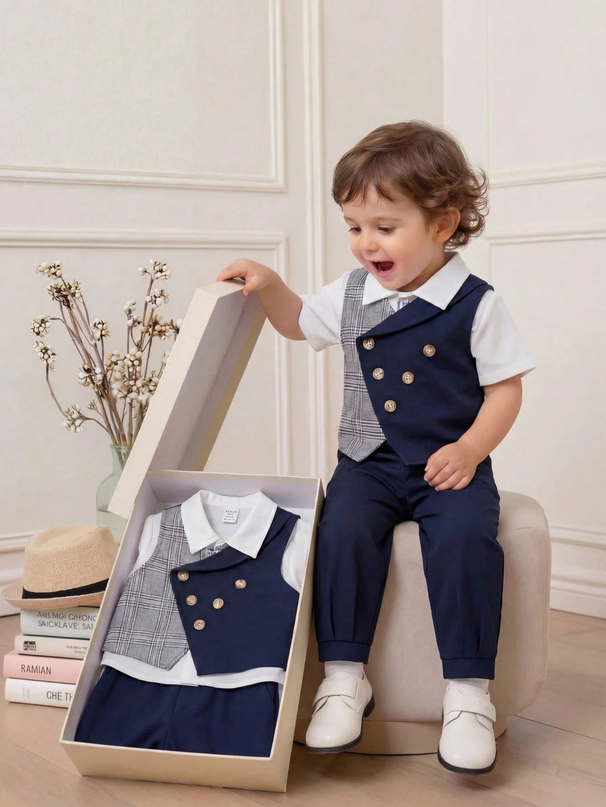 Baby Boy Summer Navy Blue Elegant Gentleman Outfit,Plaid Bow Tie Vest Jacket & Casual Pants Suit For Wedding Guest,Birthday Party,Christening,1st Gift