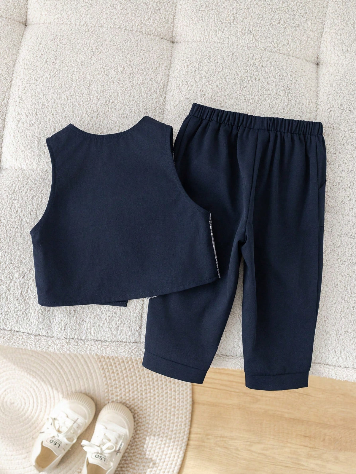 Baby Boy Summer Navy Blue Elegant Gentleman Outfit,Plaid Bow Tie Vest Jacket & Casual Pants Suit For Wedding Guest,Birthday Party,Christening,1st Gift