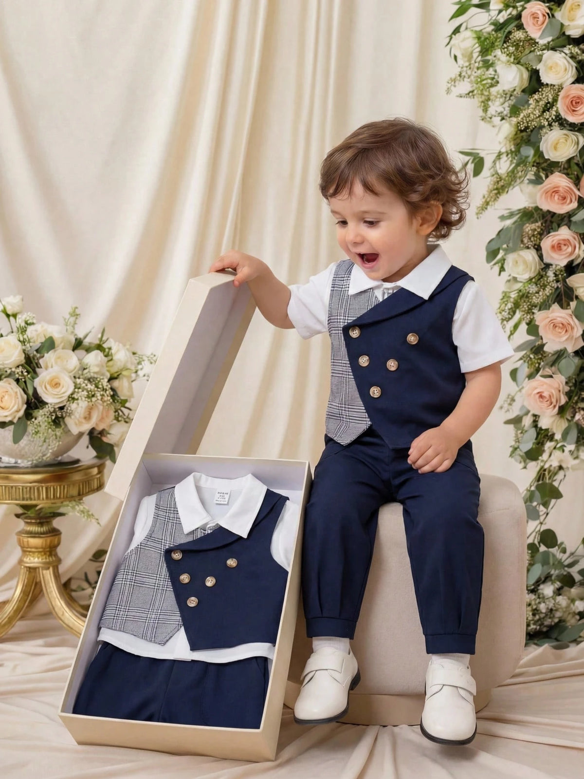 Baby Boy Summer Navy Blue Elegant Gentleman Outfit,Plaid Bow Tie Vest Jacket & Casual Pants Suit For Wedding Guest,Birthday Party,Christening,1st Gift