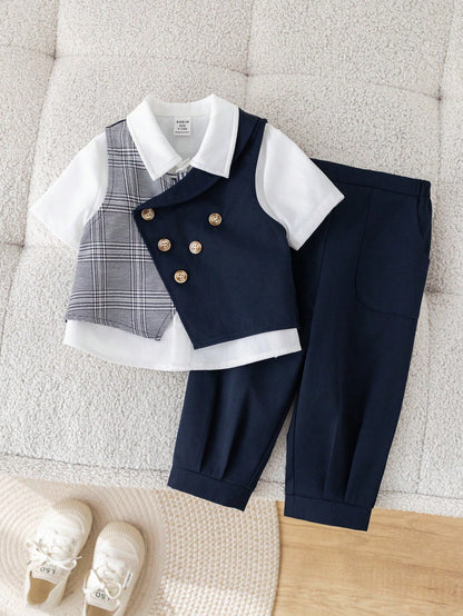 Baby Boy Summer Navy Blue Elegant Gentleman Outfit,Plaid Bow Tie Vest Jacket & Casual Pants Suit For Wedding Guest,Birthday Party,Christening,1st Gift