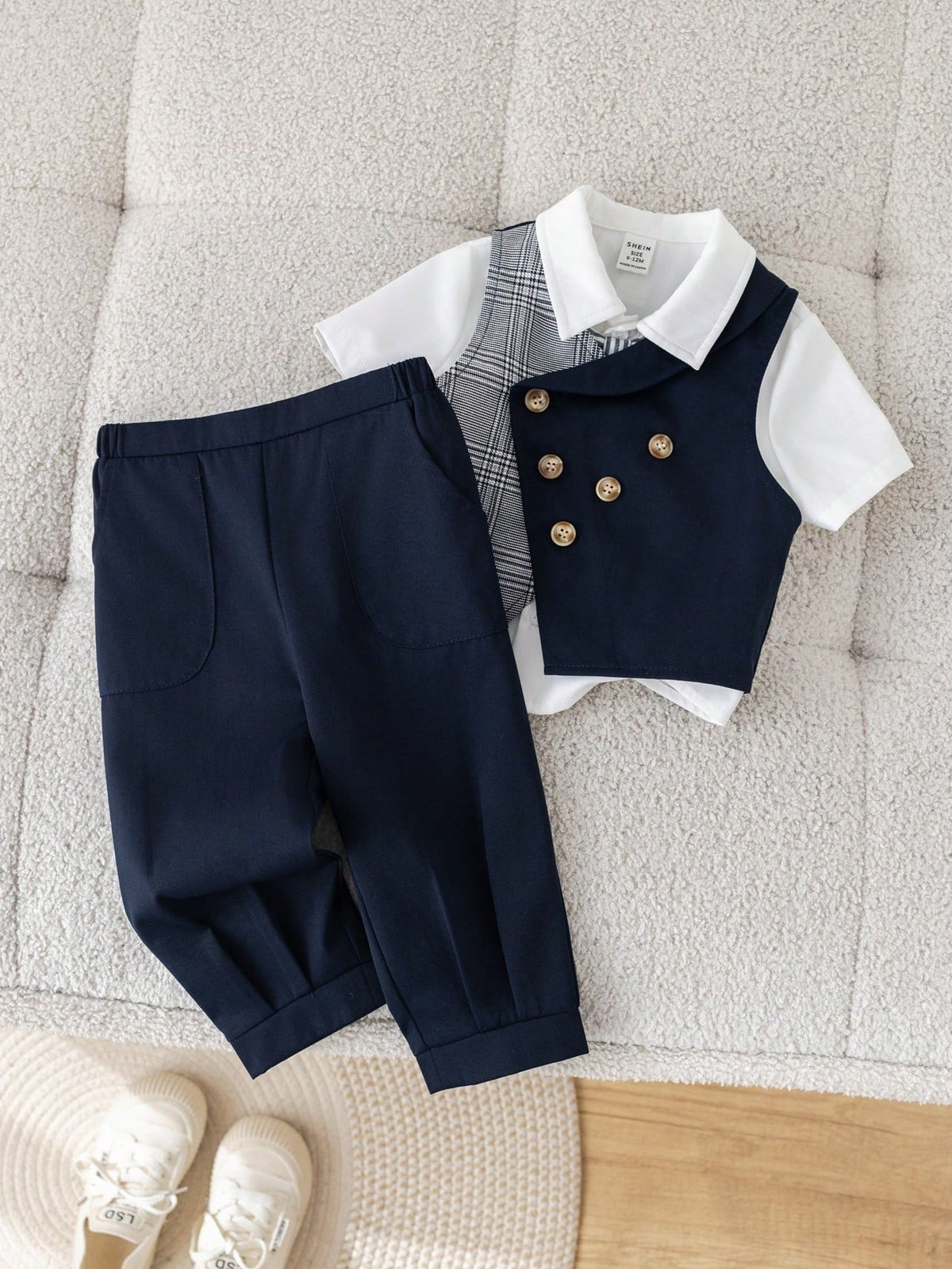 Baby Boy Summer Navy Blue Elegant Gentleman Outfit,Plaid Bow Tie Vest Jacket & Casual Pants Suit For Wedding Guest,Birthday Party,Christening,1st Gift
