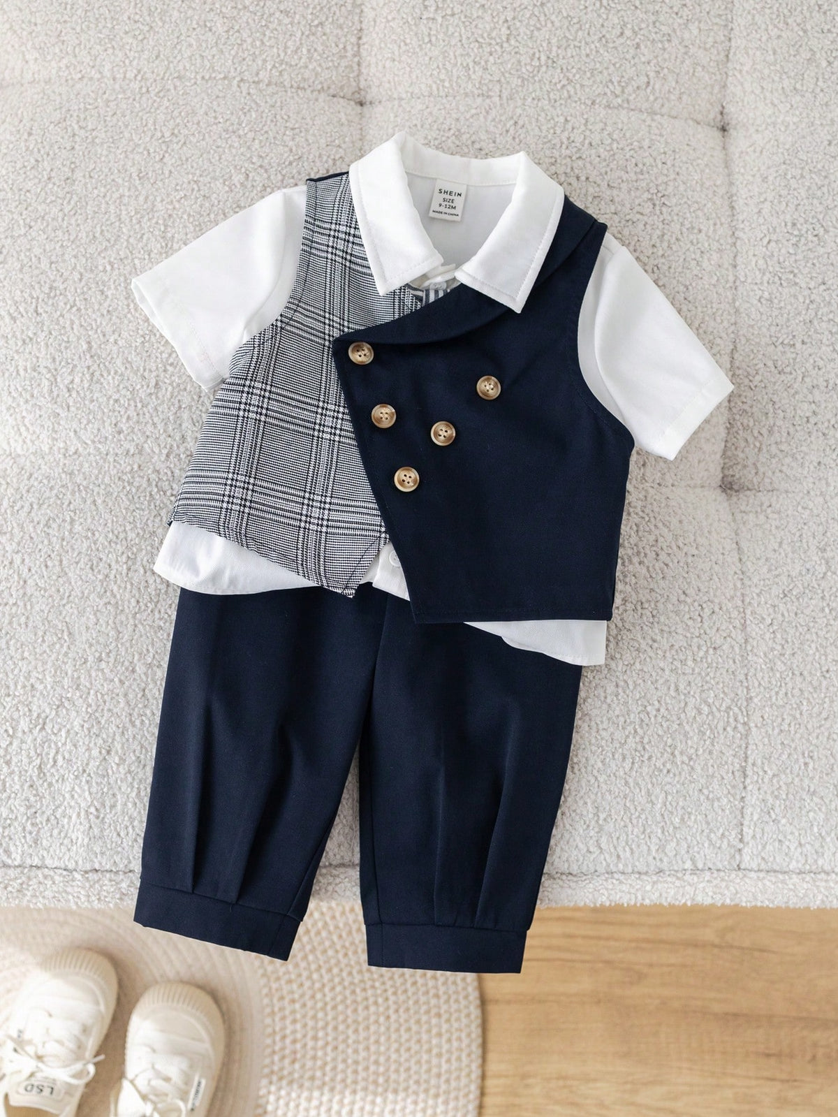 Baby Boy Summer Navy Blue Elegant Gentleman Outfit,Plaid Bow Tie Vest Jacket & Casual Pants Suit For Wedding Guest,Birthday Party,Christening,1st Gift