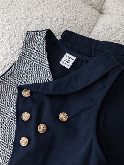Baby Boy Summer Navy Blue Elegant Gentleman Outfit,Plaid Bow Tie Vest Jacket & Casual Pants Suit For Wedding Guest,Birthday Party,Christening,1st Gift