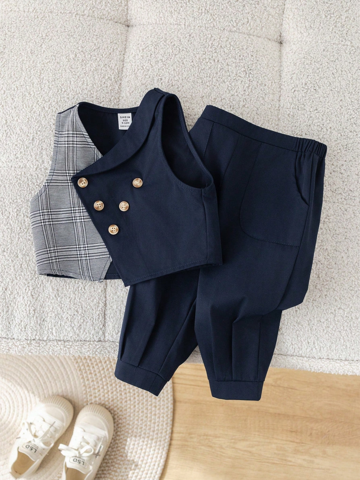 Baby Boy Summer Navy Blue Elegant Gentleman Outfit,Plaid Bow Tie Vest Jacket & Casual Pants Suit For Wedding Guest,Birthday Party,Christening,1st Gift