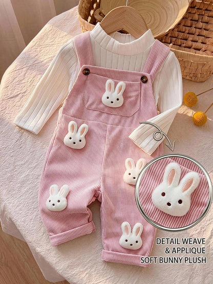 Baby Girl Cute Rabbit Patch Pink Corduroy Jumpsuit