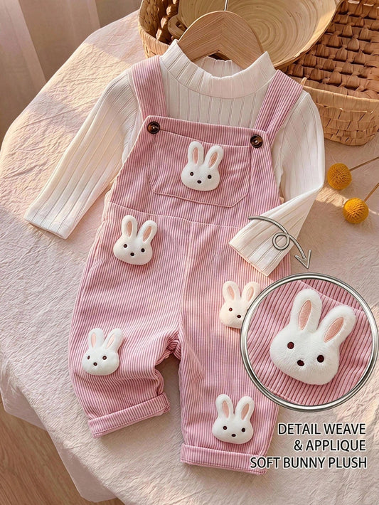 Baby Girl Cute Rabbit Patch Pink Corduroy Jumpsuit