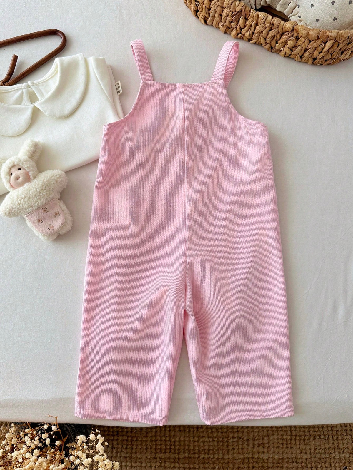 Baby Girl Cute Rabbit Patch Pink Corduroy Jumpsuit