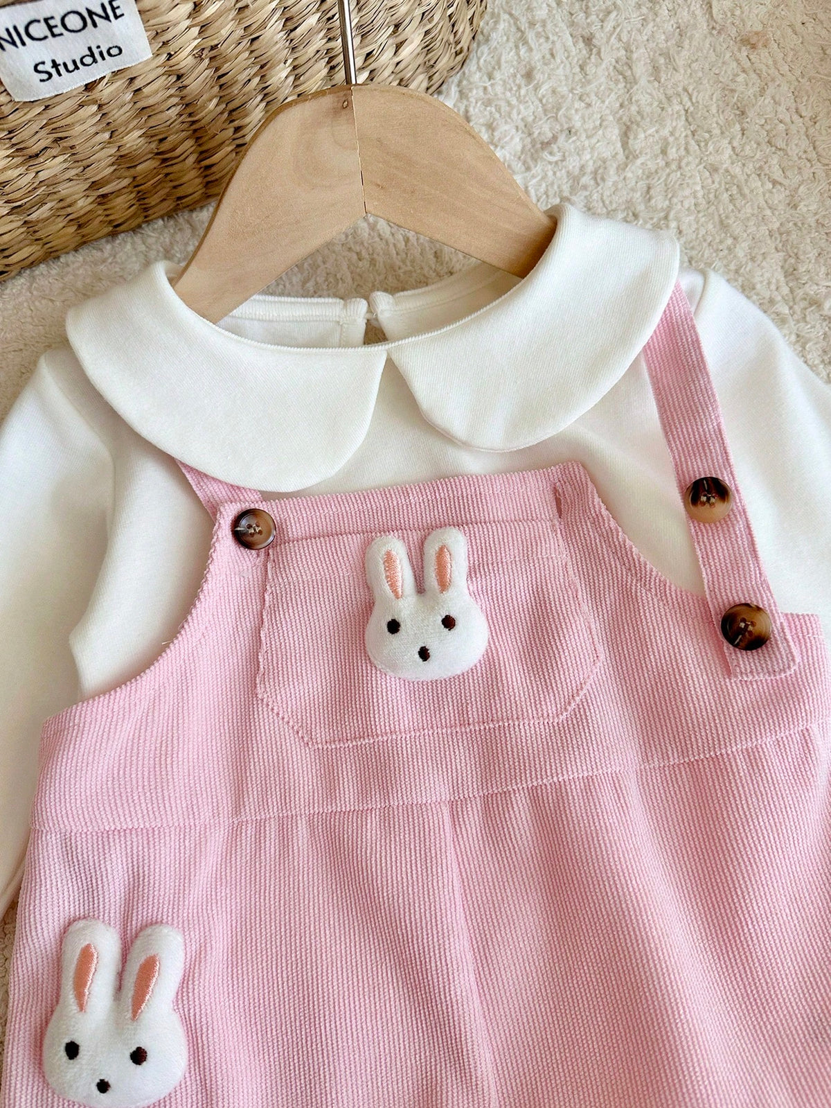 Baby Girl Cute Rabbit Patch Pink Corduroy Jumpsuit