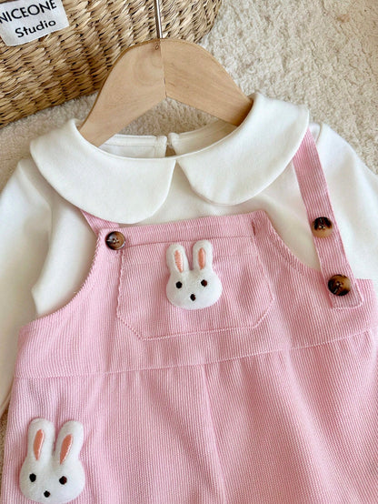 Baby Girl Cute Rabbit Patch Pink Corduroy Jumpsuit