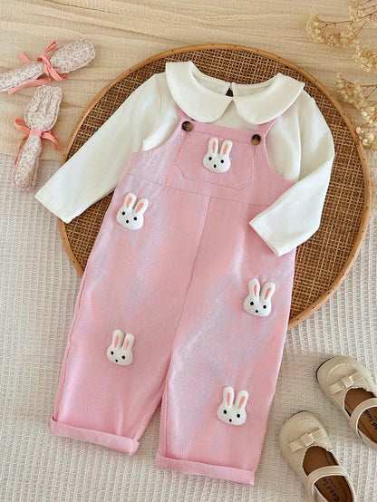 Baby Girl Cute Rabbit Patch Pink Corduroy Jumpsuit