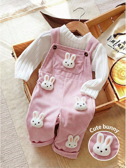 Baby Girl Cute Rabbit Patch Pink Corduroy Jumpsuit