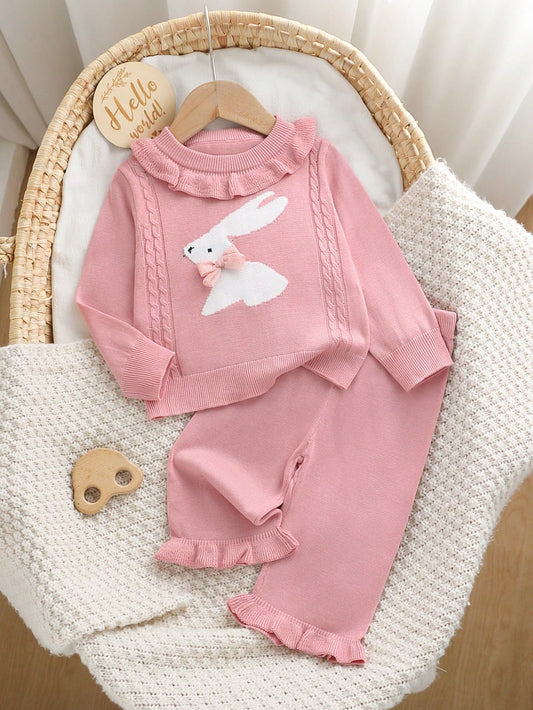 Baby Girls Knit Outfit, Bow & Rabbit Lace Pullover Top + Knitted Pants