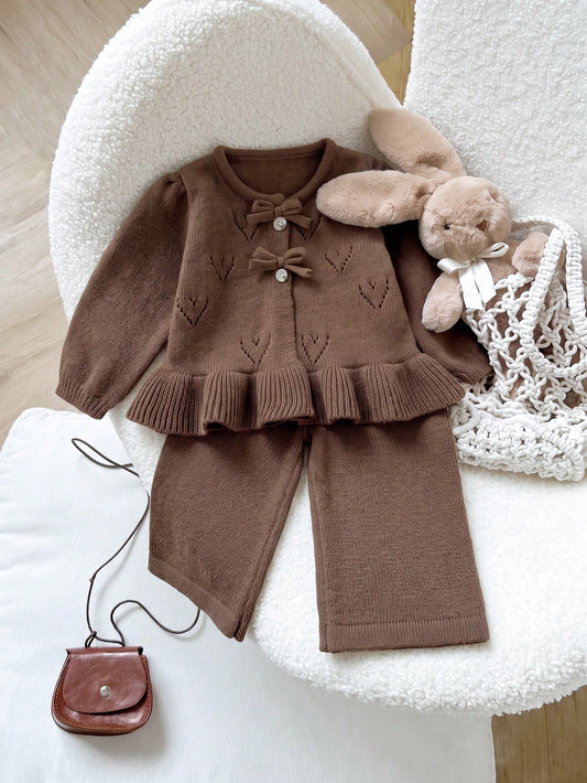Baby Girls Sweater Co-Ords, Infant Girls Pullover Round Neck Knitted Long Sleeve Cardigan Pink Solid Color Versatile Fashionable + Knitted Flared Long Pants, Suitable For Autumn/Winter Season, 2