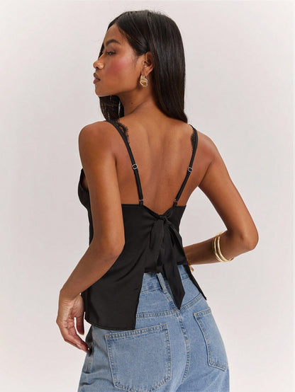 BAE Black Sexy Sheer Lace Patchwork Satin Camisole, Suitable For Sexy Top, Club Wear, Date, Brunch, Cruise, Work, Elegant & Sexy