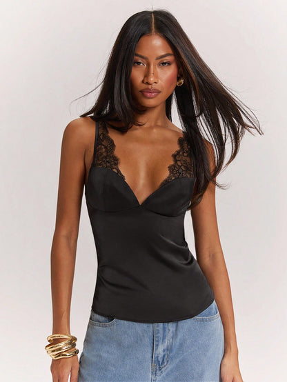 BAE Black Sexy Sheer Lace Patchwork Satin Camisole, Suitable For Sexy Top, Club Wear, Date, Brunch, Cruise, Work, Elegant & Sexy