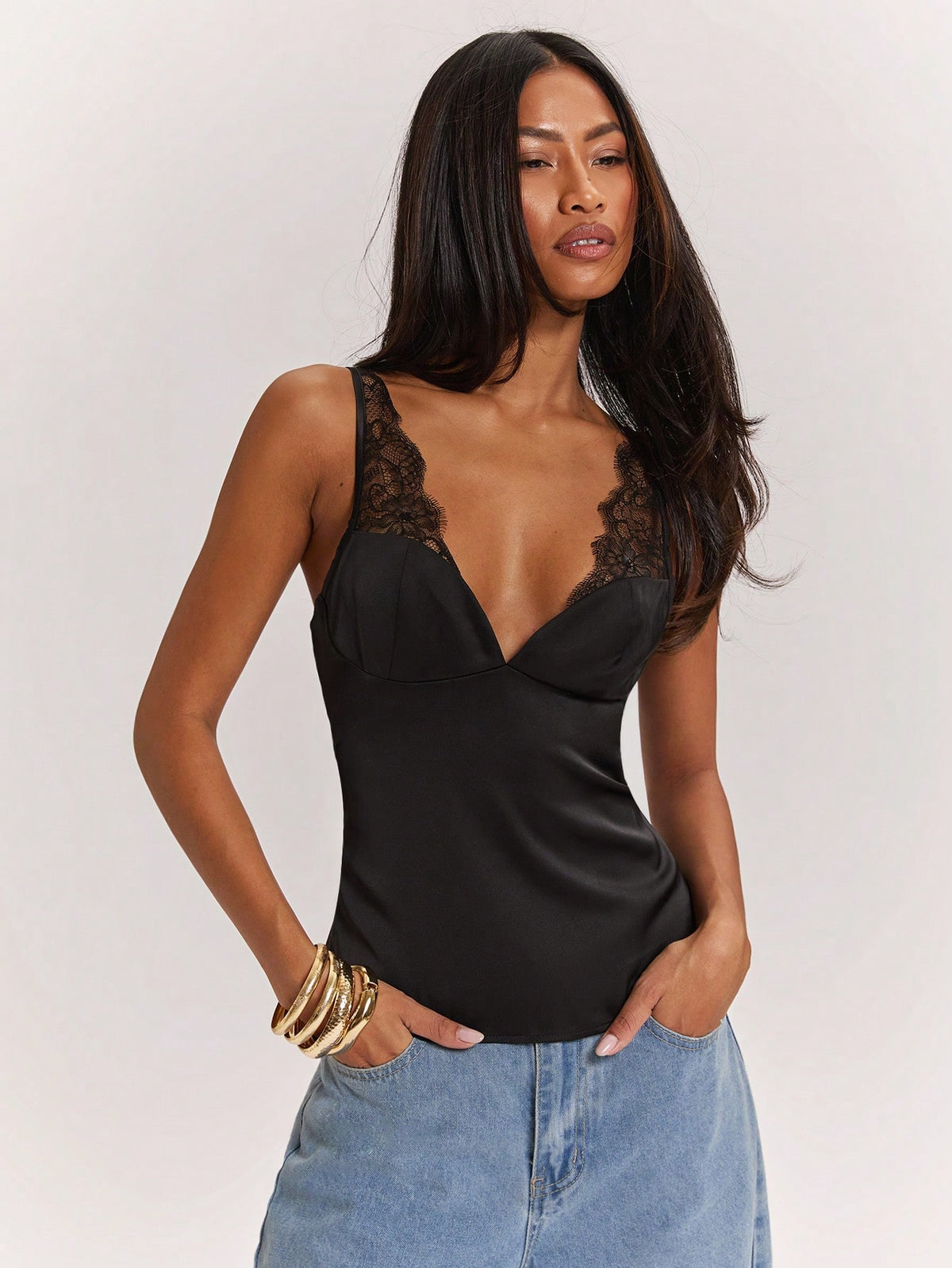 BAE Black Sexy Sheer Lace Patchwork Satin Camisole, Suitable For Sexy Top, Club Wear, Date, Brunch, Cruise, Work, Elegant & Sexy